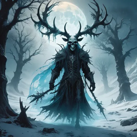 "Envision a medieval dark fantasy scene where a wendigo lurks amidst a frozen, desolate landscape. Its emaciated form is draped in tattered remnants of clothing, barely concealing its skeletal frame and frost-bitten flesh. The wendigos eyes burn with an un...