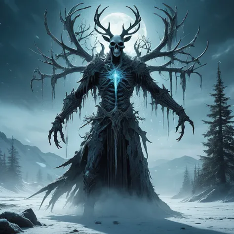 "Envision a medieval dark fantasy scene where a wendigo lurks amidst a frozen, desolate landscape. Its emaciated form is draped in tattered remnants of clothing, barely concealing its skeletal frame and frost-bitten flesh. The wendigos eyes burn with an un...