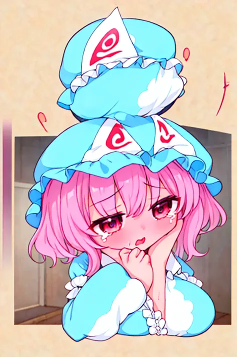 nsfw,((Masterpiece)),((high resolution)),((Best Quality)),Anime illustration,((1girl)),(SAIGYOUJI YUYUKO),Feeling embarrassed,Are crying,15 years old,(Young),baby face and big breasts,large breasts,(low length),(Short),(child),orgasm,drunken eyes,Slave Col...