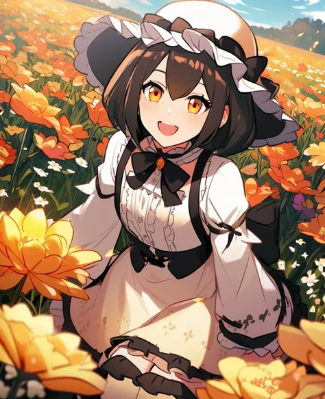 palfoxparks, wild, alone, female, looking at viewer, field.  of flowers with a lolita hat with orange and black bow, Smile, open mouth, orange eyes, by Skweekers,