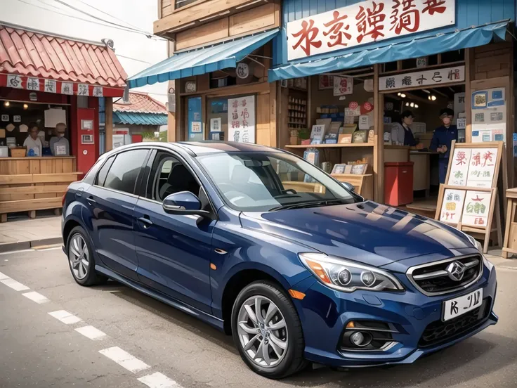 In front of the noodle shop, navy blue car in front.