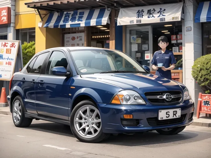 In front of the noodle shop, navy blue car in front.