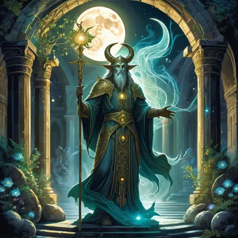 Picture a medieval dark fantasy faun standing amidst the ancient ruins of a night temple, where moonlight filters through crumbling stone arches and illuminates intricate carvings of mythical beasts and celestial beings. The faun, with his lower body resem...