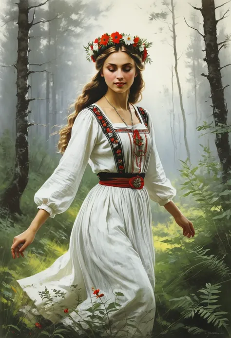 vintage poster of a beautiful slavic woman’s face in traditional slavic costume, flower crown, dancing in the forest, realistic ...