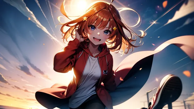 itsukinakano, Itsuki Nakano, bangs, Ahoge, Redhead, star (symbol), Smiling Kindly,hair ornaments, happy smile, smile, Open your mouth,Short braided hair,red oversized hoodie,Shorts,White Pantyhose,High-top sneakers,(LOL:1.1), (Open your mouth:1.1), Sun gla...