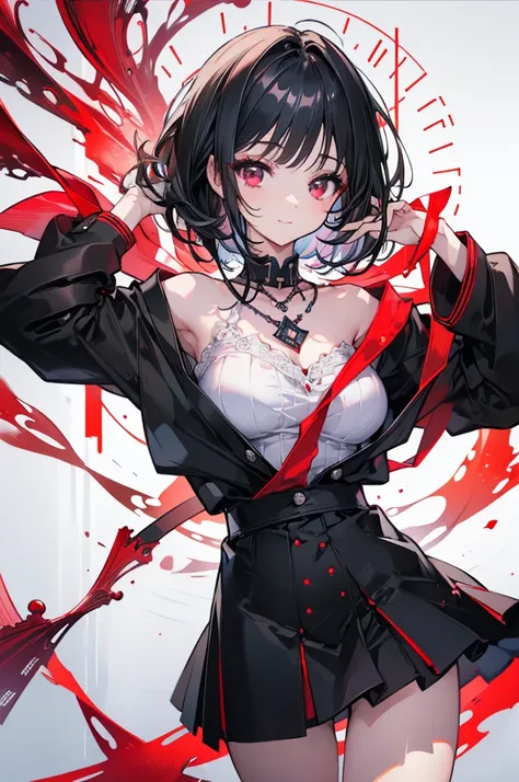 (masterpiece, Highest quality, Highest quality, (No text), beautifully、aesthetic:1.2),No text,anime、 High resolution　break,One Girl，Short black hair　Tree Eyes　Beautiful Eyes　Red eyes　beautiful girl　nice　smile　Black coat　mini skirt　whole body　Night view　Det...