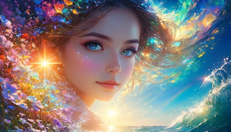 Portrait Photography、{{masterpiece}}, Highest quality, Highly detailed Unity 8k wallpaper, Cinema Lighting, Lens flare, Beautifully detailed room,  Suite room with ocean view, colorful light, particle, Heterochromia iridis, (colorful:1.5), 