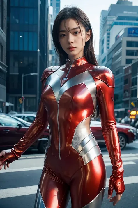 ultraman、realistic、realistic、cinematic lighting, girl in a shiny red and silver suit、15 years old、professional photos、don&#39;do...