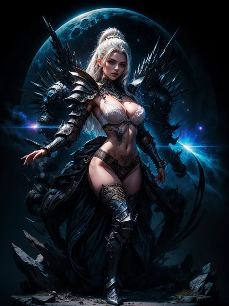 cinematic light, A sexy woman in armor, legendary warrior , black armor, A beautiful babe, erotic design , erotic pose, pore white hair, big eyes, body covered with tattoo, red lips, white bra , FULL BODY , glowing eyes , cosmic, divine, black background,