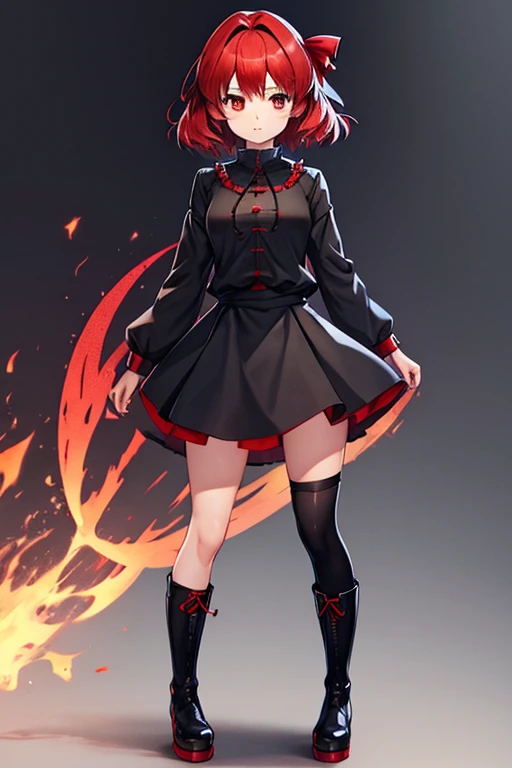 1girl, Touhou, Sekibanki, red hair, red eye color, full body, wide shot, black skirt, red boots, black attire, short female hair, female blouse