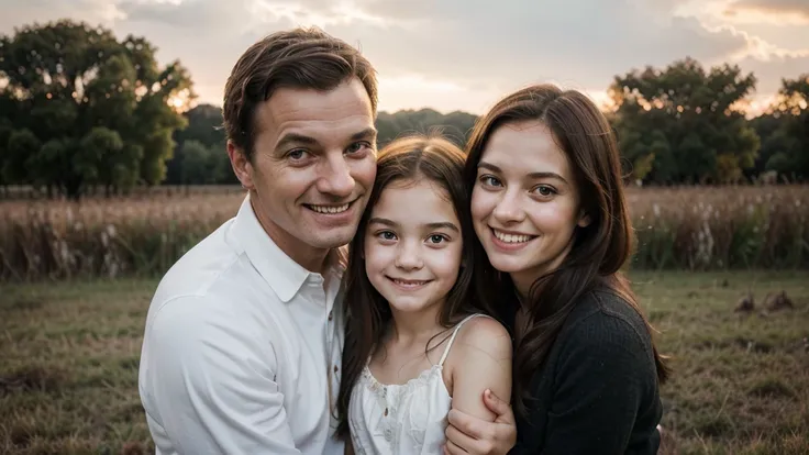 "Create a realistic photo of a father with a devilish smile embracing his two daughters. The father should have an eerie yet subtly charming expression, while the daughters appear happy and innocent. The setting should be a family gathering, with a natural...