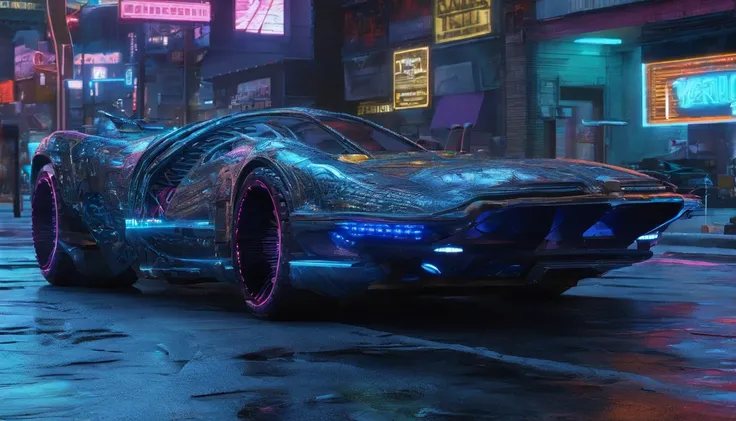 A captivating conceptual art piece featuring an extraordinary 3D render of a metallic raccoon cyberpunk sports car, designed in Michael Westmores distinctive style. The vehicle is a seamless blend of a 1980s Trans Am and 1974 Winnebago, gliding through the...