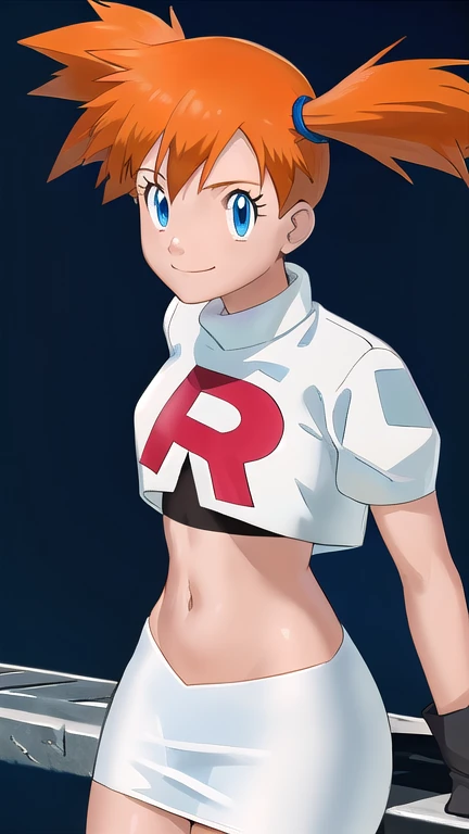 Misty Pokémon, short hair, Orange Hair, Side Ponytail, blue eyes, Mouth smile ,Team Rocket uniform, (logo on shirt:1.25), White jacket, White Skirt, Black Thigh Boots, abdomen,masterpiece, 最high quality, Very detailed, high quality, 4K, (Smooth texture:0.7...