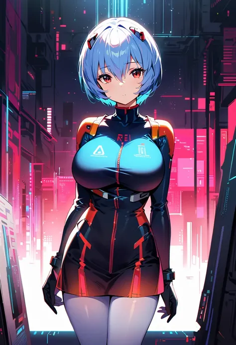 (best quality:1.2),1 Girl,Solitary,Ayanami Rei,White tights,Red Eyes,Pilot suit,short hair,Blue Hair,Bangs,Interface Headphones,turtleneck sweater,Hair between the eyes,Pixelated background,Neon,Sci-fi color scheme,Bright colors,metallic feel,Detailed shad...