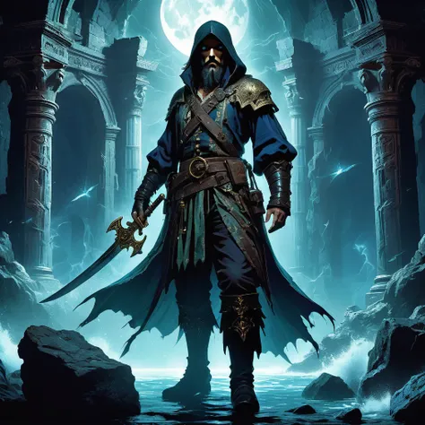 Visualize a dark-headed pirate standing amidst the ruins of an ancient temple in a medieval dark fantasy setting. His weather-beaten attire blends shades of midnight blue and faded black, adorned with tattered remnants of once-rich fabrics that flutter in ...