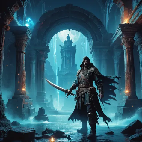 Visualize a dark-headed pirate standing amidst the ruins of an ancient temple in a medieval dark fantasy setting. His weather-beaten attire blends shades of midnight blue and faded black, adorned with tattered remnants of once-rich fabrics that flutter in ...