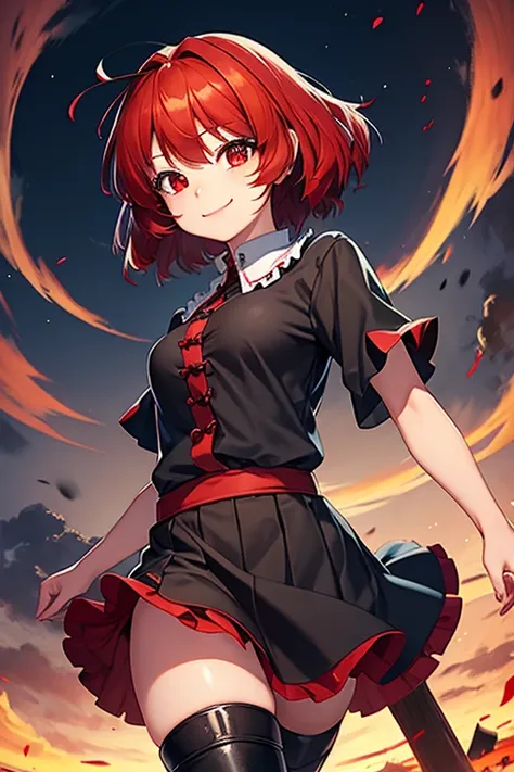 1girl, Touhou, Sekibanki, red hair, red eye color, full body, wide shot, black skirt, red boots, black attire, short female hair, female blouse, open front, open blouse, smiling expression