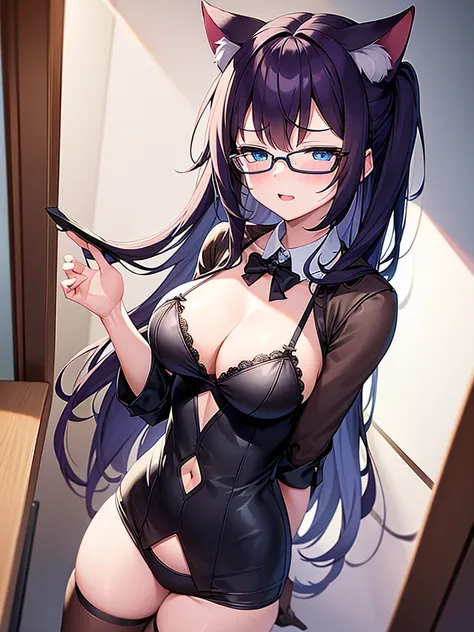 highly details, 8K, Masterpiece, 18 year old cat girl, long dark purple hair, blue eyes, boobs, cat ears, round glasses, sexy black bra.