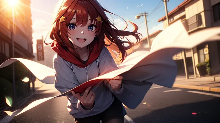 itsukinakano, Itsuki Nakano, bangs, Ahoge, Redhead, star (symbol), Smiling Kindly,hair ornaments, happy smile, smile, Open your mouth,Short braided hair,red oversized hoodie,Shorts,White Pantyhose,High-top sneakers,(LOL:1.1), (Open your mouth:1.1), Sun gla...