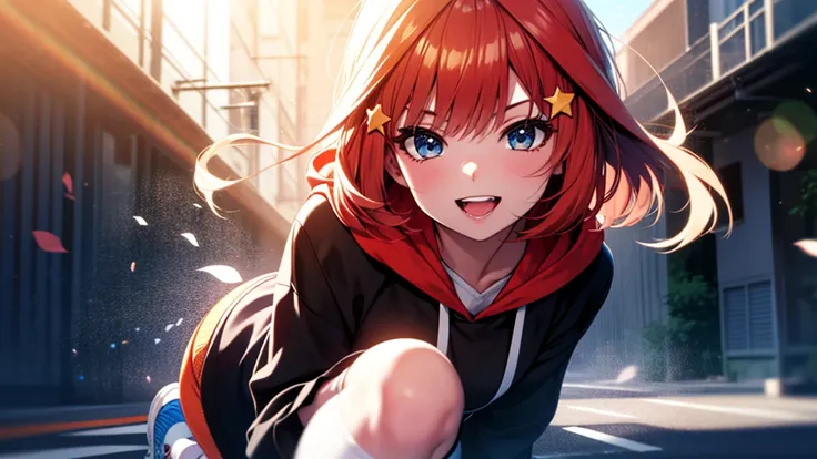 itsukinakano, Itsuki Nakano, bangs, Ahoge, Redhead, star (symbol), Smiling Kindly,hair ornaments, happy smile, smile, Open your mouth,Short braided hair,red oversized hoodie,Shorts,White Pantyhose,High-top sneakers,(LOL:1.1), (Open your mouth:1.1), Sun gla...