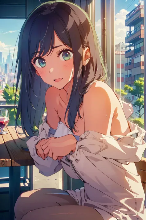 (Highest quality:1.4、8K:1.4、detailed)、F cup bust、Big Breasts、Slim body、Very white beautiful skin、((((1 person、Surprised expression、sit、Chair、In the background are the urban buildings of Tokyo、looking at the camera、Indoor cafe terrace、Navy hair color、juice、...