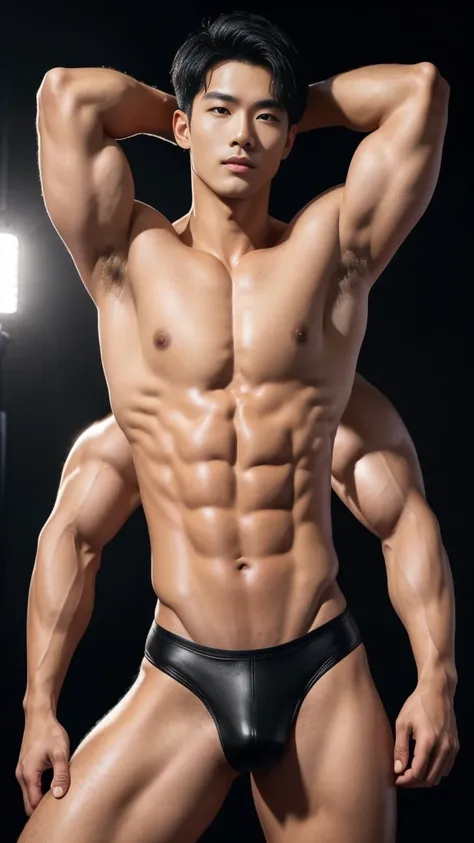 18 muscular male models standing in the spotlight，Strong body，Well-defined muscle lines，Like a work of art carefully crafted by a sculptor。 He was wearing a fine red tight leather thong，The design of this dress is simple and bold，Perfectly complements his ...