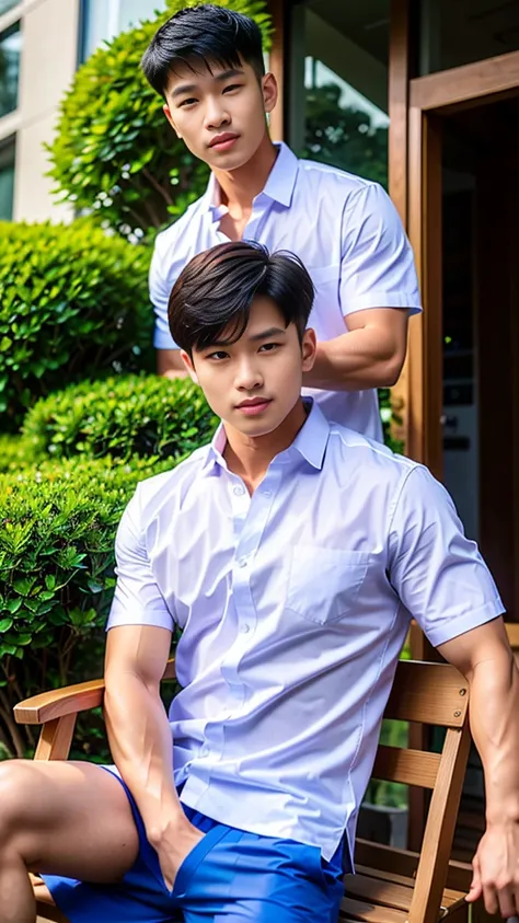 Masterpiece, best quality, High quality, วอลล์เปเปอร์ CG unity 8k ที่มีvery detailed, depth of field, HDR,,photorealistic,very detailed, 1 man sitting on a chair, Asia, black short hair, , (Thai , white shirt), blue cargo shorts, chest muscles, Big arm mus...