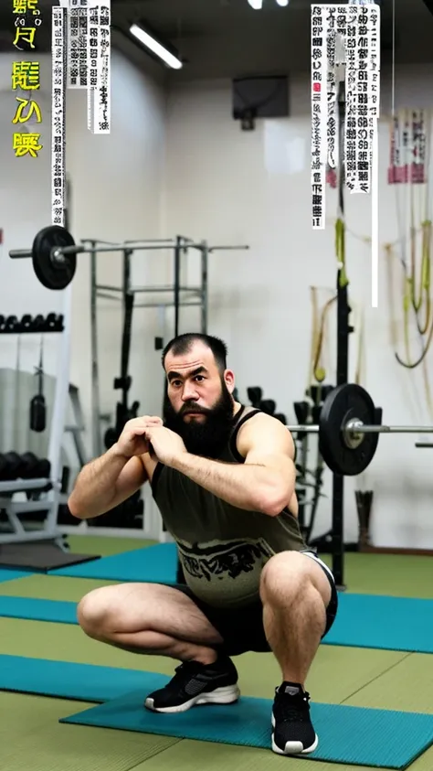 conspiracy theorist, gym, japanese man, hairy, instructor, shaved head, squat