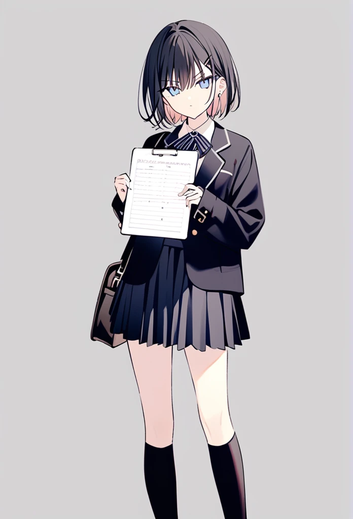 rurudo, 1girl,  solo,  black hair, dark blue eyes, serious face, good grades student, long black sock, , hold the exam result sheet