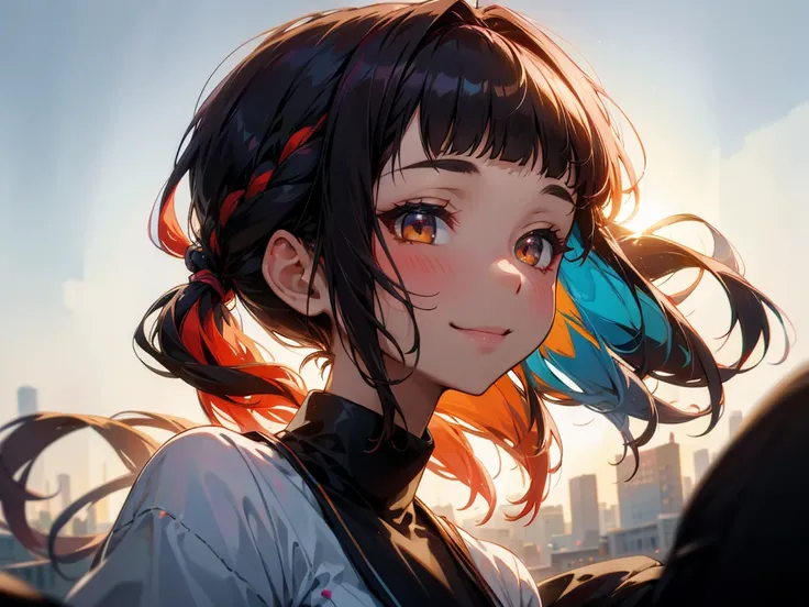 multicolored hair, blunt bangs, braided ponytail, Surrealism, masterpiece, UHD A super beautiful girl，smile，backlighting