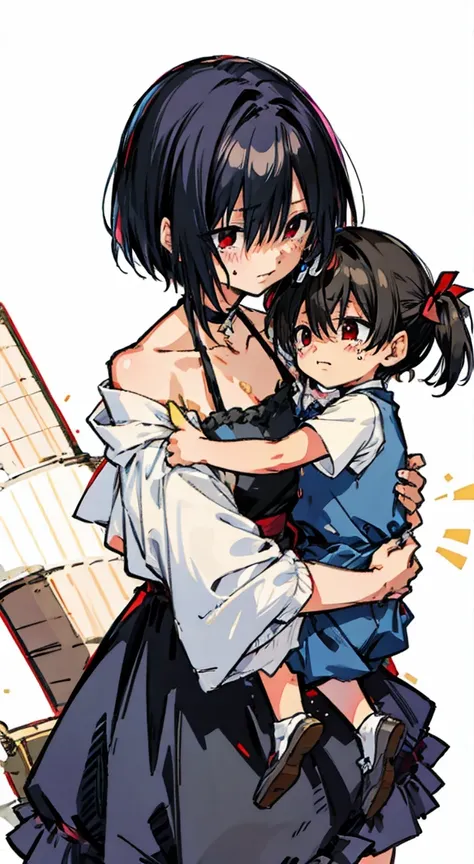 She(hasuichi nishizono) holds a crying (child:1.22) in a dress and blue camisole with black hair and hair ribbons, choker, red eyes