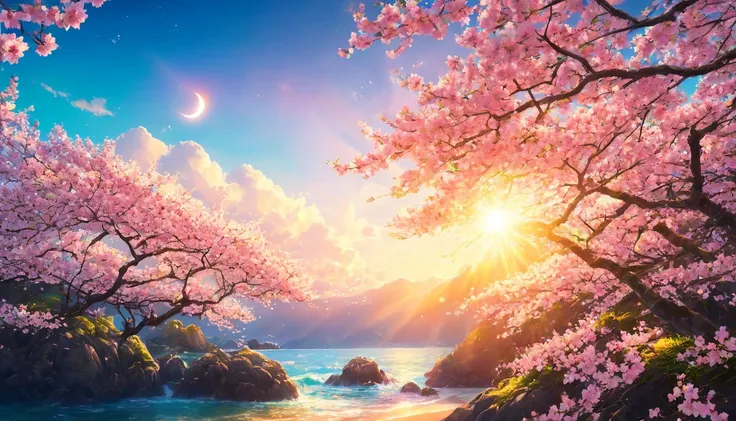 Sunset Beach、Portrait Photography、{{masterpiece}}, Highest quality, Highly detailed Unity 8k wallpaper, Cinema Lighting, Lens flare, Beautiful details, Cherry blossoms Ocean view, colorful light, particle, Heterochromia iridis, (colorful:1.5), 