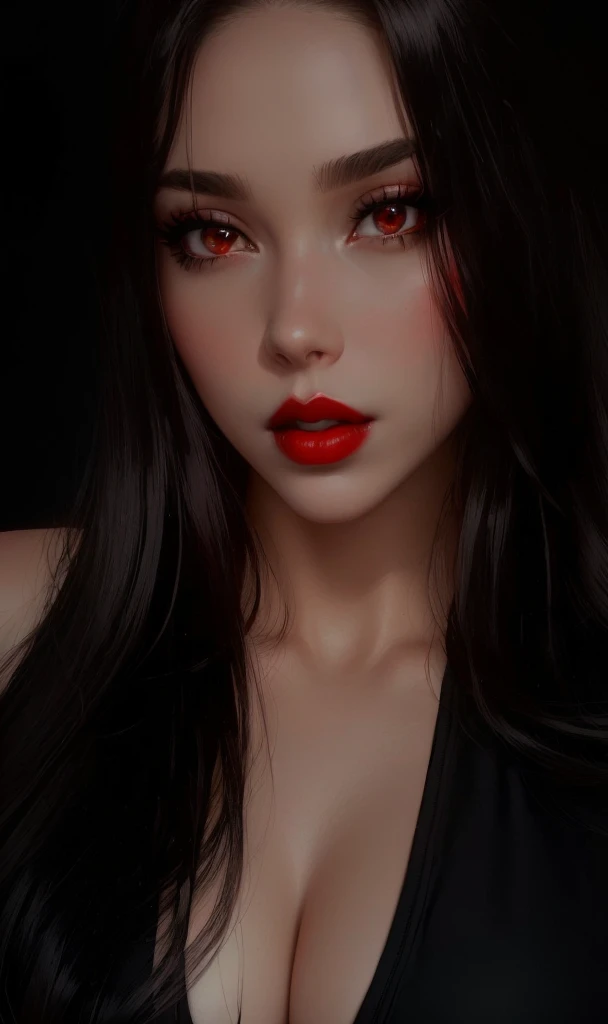 a close up of a woman with long hair and a black top, red lips, thick red lips, faint red lips, thick lips, deep red lips, sexy red lips, small and thick red lips, dark red lips, 🤤 girl portrait, frontal picture, red lipstick on face, full lips, dark lipst...