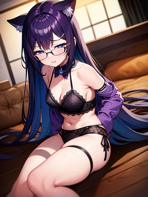 highly details, 8K, Masterpiece, 18 year old cat girl, long dark purple hair, blue eyes, boobs, cat ears, round glasses, sexy black lingerie, lying on a bed.