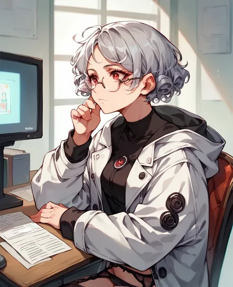 ((Perfect human body)),1girl,Silver Hair,Red eyes,Curly medium short hair,Square glasses,Wearing a large white coat,hoodie,,Dairy-free,garter belt,Sit on a chair,desk,Character portrait,full Art,Large surveillance monitor,computer,Messy desk,Short denim pa...