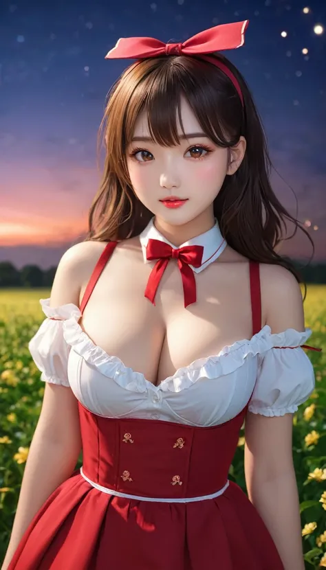 {{{{{16k,Ultra High-resolution realistic romantic growing-up photo of a neat virgin school girl as pretty as a actress in the romantic out field at deep night, The way she embarrassed herself is adorable, When she puts a ribbon on her head, she transforms ...