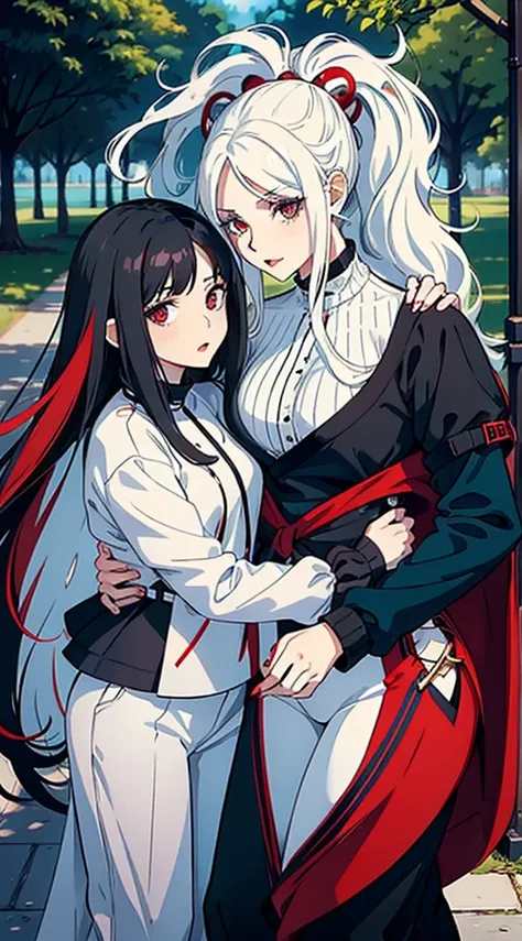 woman with long wavy white hair bright blue eyes wearing a white blouse and black pants next to her a black haired woman with red locks with bright red eyes wearing a black sweater and white pants taking her phone for a photo they are in a park