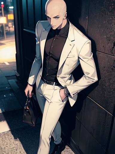 high resolution,Baldhead,male,Red pupils,earrings,Showing chest muscles,Wear a watch on your left hand,Exposed collarbone,Unbuttoned white suit,black trousers,Black leather shoes,Handsome, Detailed eyes and face, walk,night