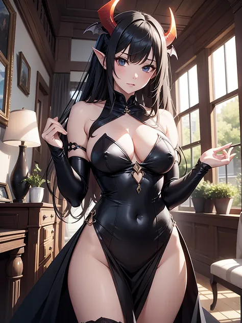 (​masterpiece、top-quality、hight resolution、Unity 8k Wallpaper、extremely details CG:1), A quiet married woman dresses up as a succubus and invites me to have flirtatious sex with her.. The scene should be shown from the perspective of the person she is show...