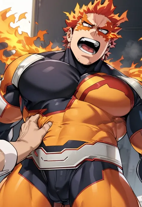 Endeavor, my hero academia, from front, super fine, bodysuits, middle-aged man, hunk, looking down and mouth wide open with shocked face, crotch grab, crotch squeeze,