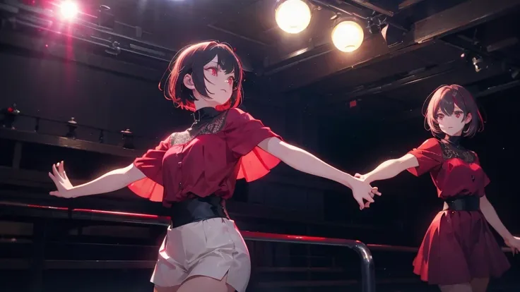 A short bob-haired, red-eyed,dance,live