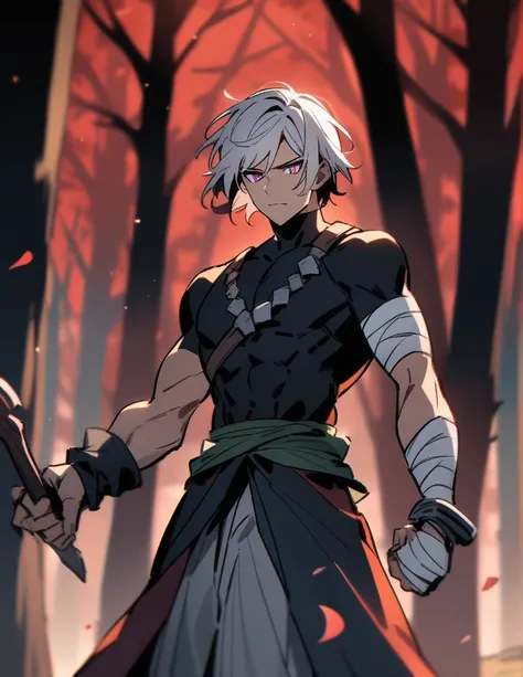 Greek boy with white hair, violet eyes, with bandaged fists, training his strength in a red forest of dead trees