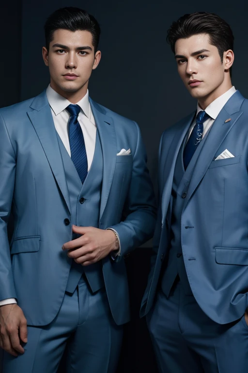 ((masterpiece)),((best quality)),8K,high detail,Very detailed, Very manly，3 men, like，fashion pose, Realistic skin texture, Light,
Royal blue style couple