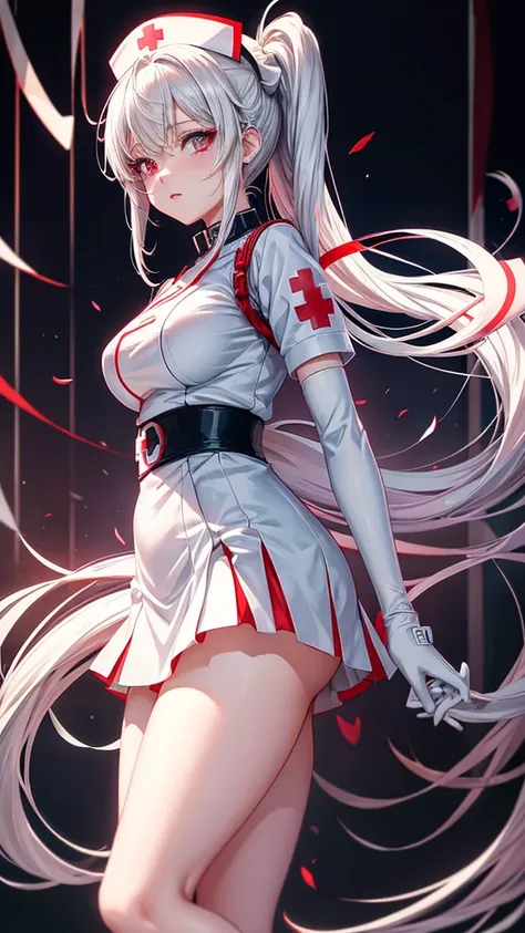 Wearing white、Anime nurse with a red cross on her chest, European Cyberpunk, (Anime Girl), Anime Girl of the future, nurse girl, Anime woman, seductive Anime Girl, Double ponytail white_Gloves, Gemyedere, Anime Girl, high quality Anime art style, Night Cor...