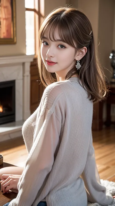 1 girl, Silver Hair, Brown hair, Dull bangs, Floating hair, Long hair, Fireplace awning, Eye of Water, Shining eyes, Long eyelashes, earrings, compensate, Smile, Open your mouth, Written border depth, First person perspective, From behind, from the side, u...