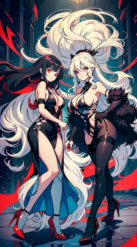 Two women a woman with long wavy white hair bright blue eyes wearing a sexy dress with black heels next to her a black haired woman with red locks with bright red eyes wearing a sexy black dress and black heels in a nightclub