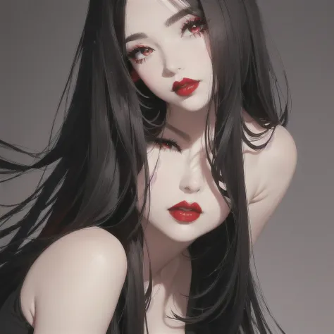 a close up of a woman with long hair and a black top, red lips, thick red lips, faint red lips, thick lips, deep red lips, sexy red lips, small and thick red lips, dark red lips, 🤤 girl portrait, frontal picture, red lipstick on face, full lips, dark lipst...