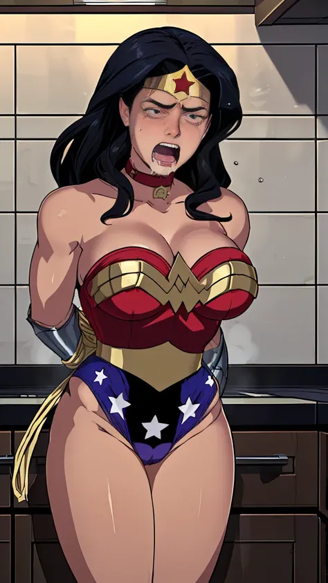 high qualiy,work of art,detailded(((visão de fully body))), (((wonder woman is in the kitchen, dressed as a maid)) ,((SUPERHEROINE wonder woman,  high heel stilettos, lace panties, lace bra, maid uniform)), ((Emotional expression,expression of pain and des...