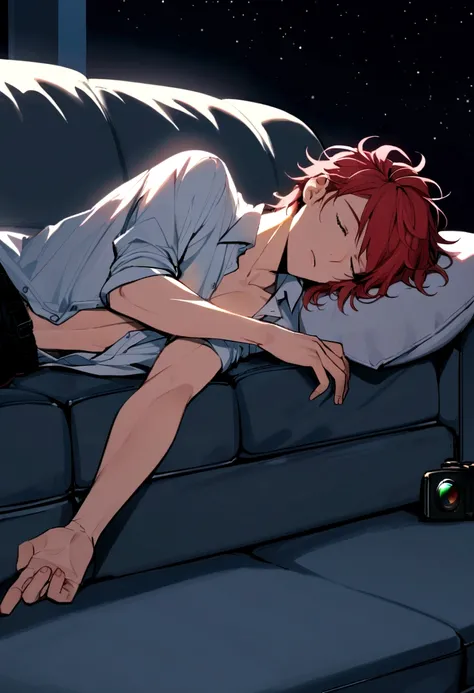 Young male, 25 years old, tall, sleeping on the couch, arm place in the head, (full body camera shot), night time, sexy pose, wearing a shirt, unbuttoned shirt, laying on the couch, messy hair, red hair, straight