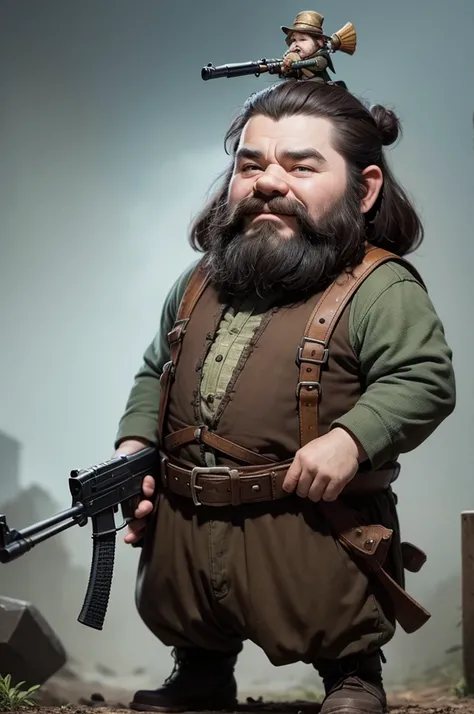 A dwarf with an ak-47 on his head